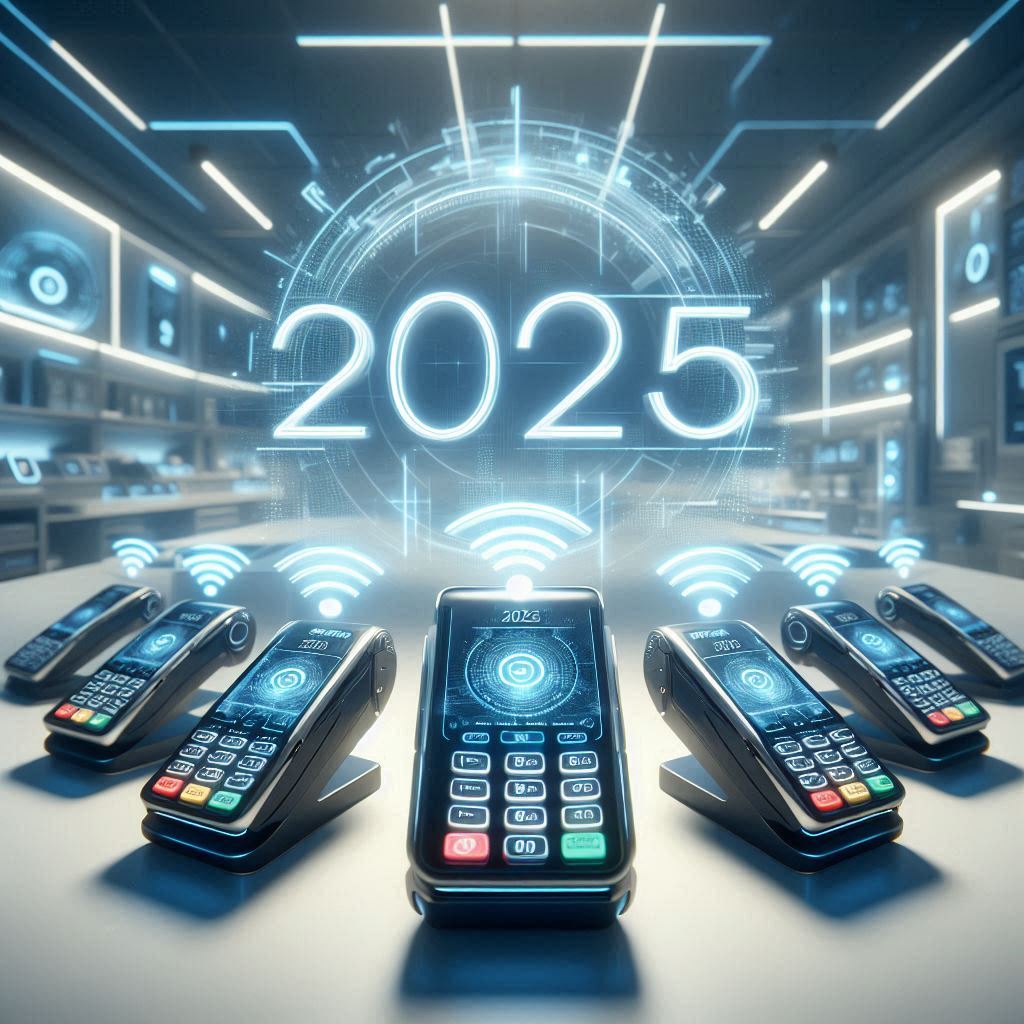 Modern credit card terminals in 2025 with contactless technology in a futuristic payment processing environment.
